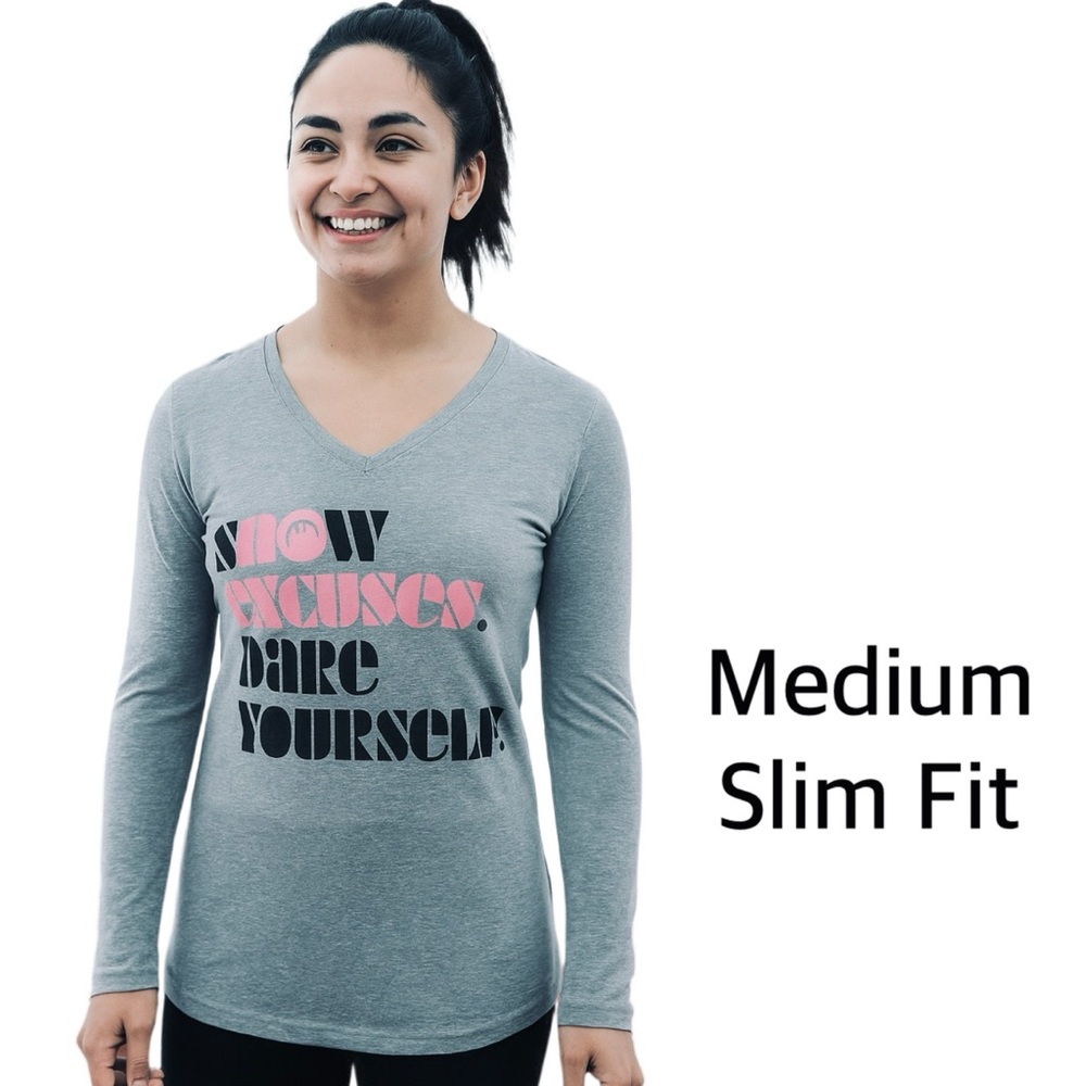Women’s Gray Long Sleeve Graphic Tee “No Excuses Dare Yourself” V Neck